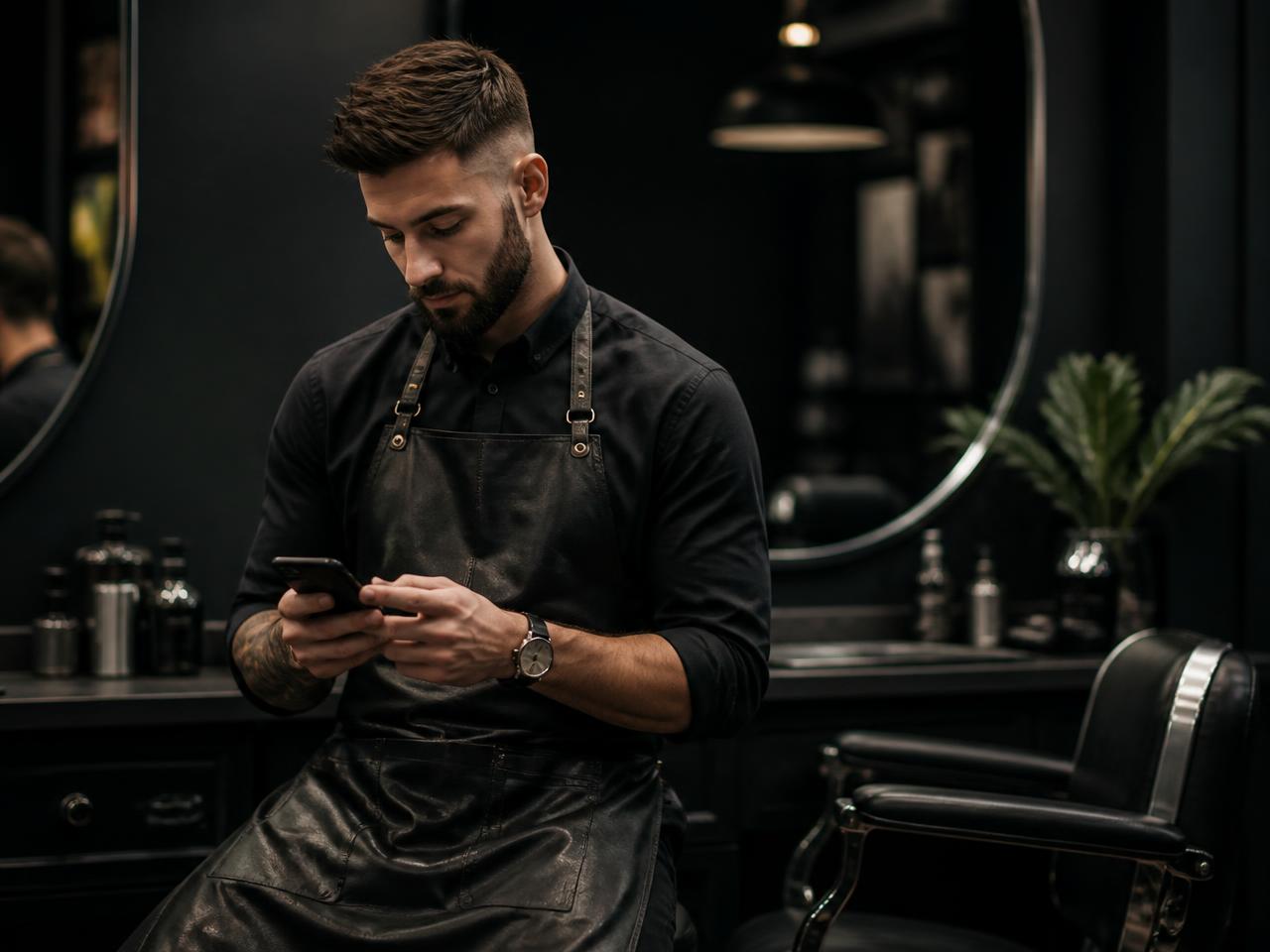 Barbeiro verificando a agenda da barbearia no celular entre atendimentos